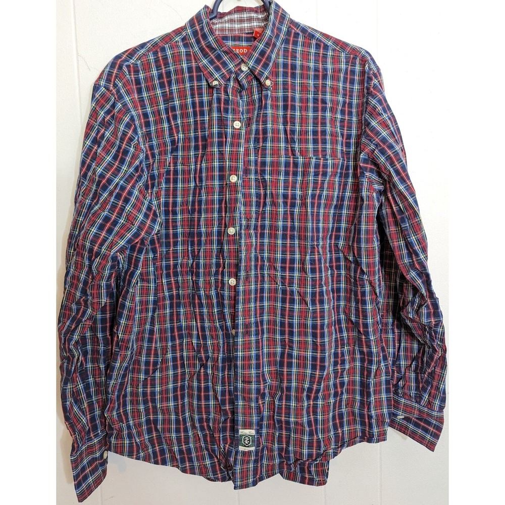 IZOD Button Down Shirt Medium M Multicolor Heritage Red Tartan Plaid Long Sleeve
